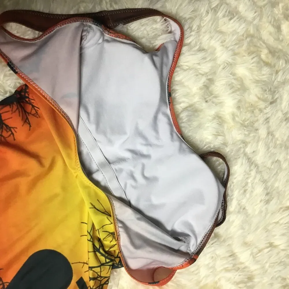 Halloween witch pumpkin bats swimsuit one piece orange yellow black silhouette S